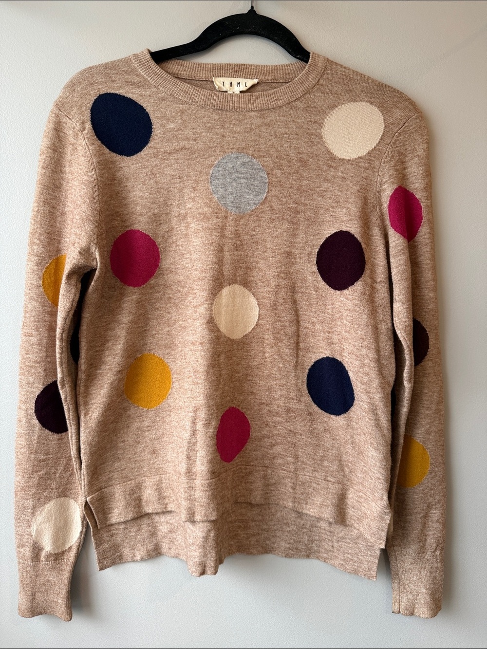 THML Beige Polka Dot Crewneck Sweater with Multicolor Polka Dots small
